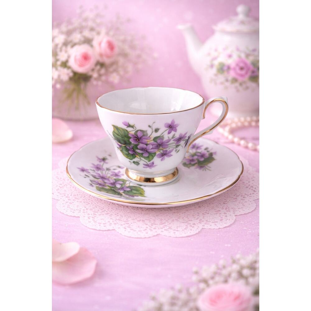 Vintage Royal Sutherland Staffordshire Floral Cup Saucer, England Cottage Purple